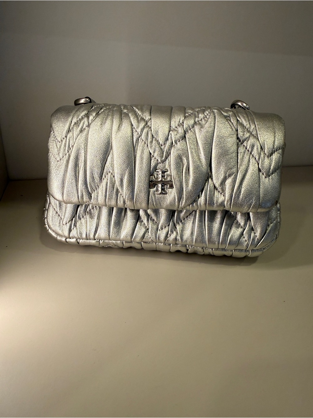 Tory Burch Silver Quilted Ruched Shoulder Bag